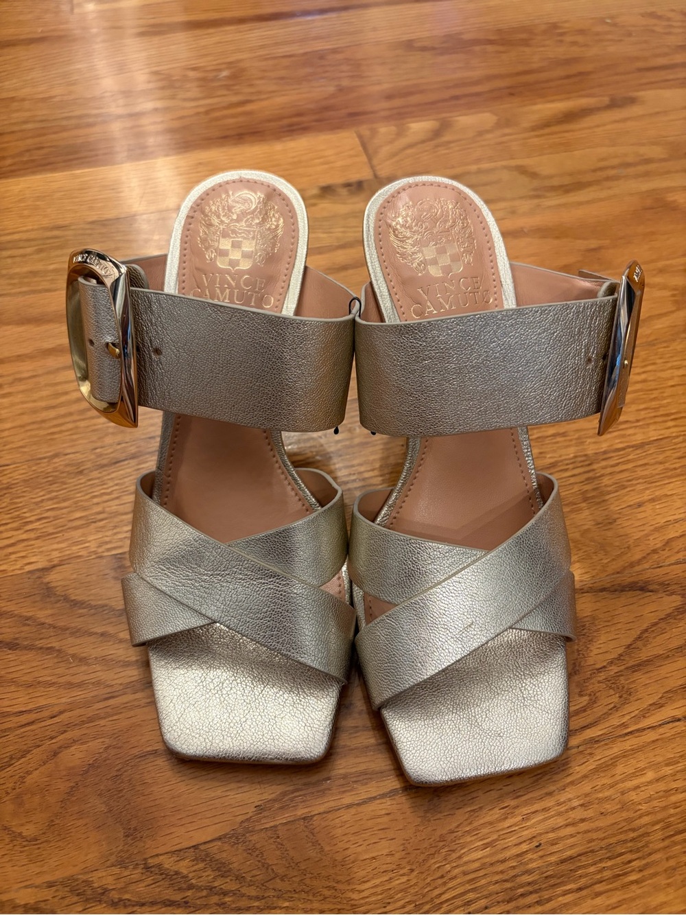 Vince Camuto Metallic Silver Leather Buckle Slide Sandal